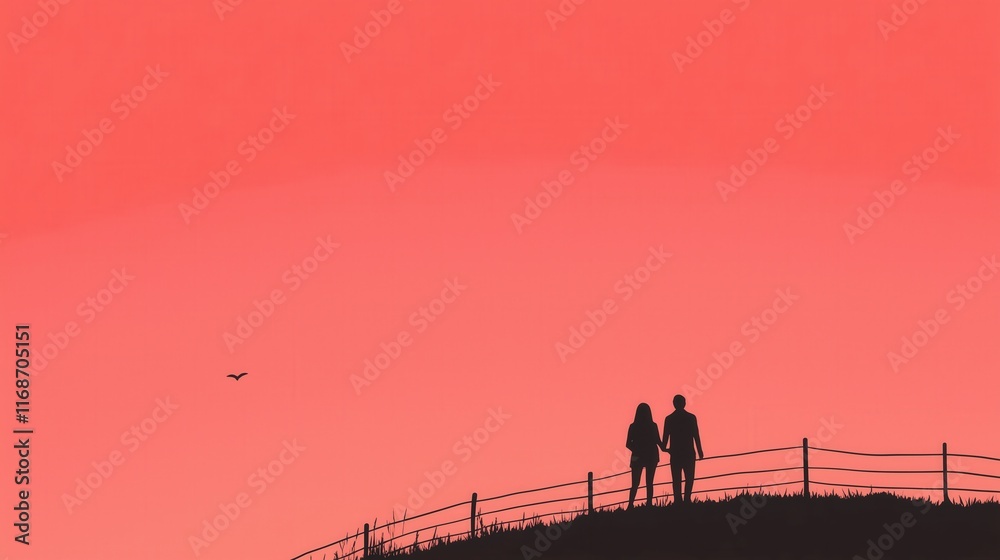 Fototapeta premium A back view of a loving couple standing outdoors on spacious field against a red sky, with copy space.