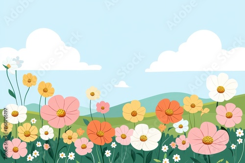 Vibrant Spring Meadow Landscape with Colorful Flowers Sunny Sky and Rolling Hills