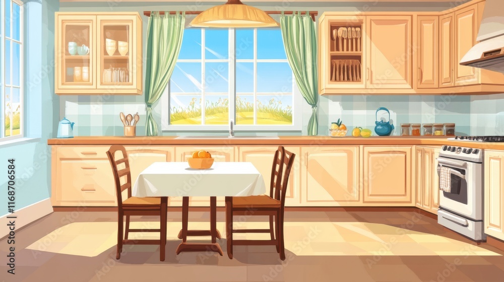 Fototapeta premium Kitchen interior in a beige home with a cabinet, a panoramic window, and a dining space 