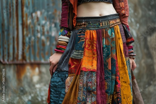 Colorful patchwork skirt with contrasting fabrics, perfect for a boho-chic look photo