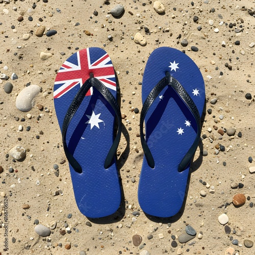Australian Flag Flip Flops on Sandy Beach with Colorful Pebbles Created with Generative AI