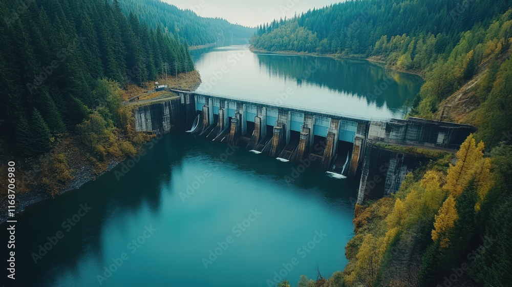 A hydroelectric dam with water flowing smoothly, generating clean energy for nearby urban and rural communities A hydroelectric dam with water flowing smoothly, generating clean energy for nearby urban and rural communities