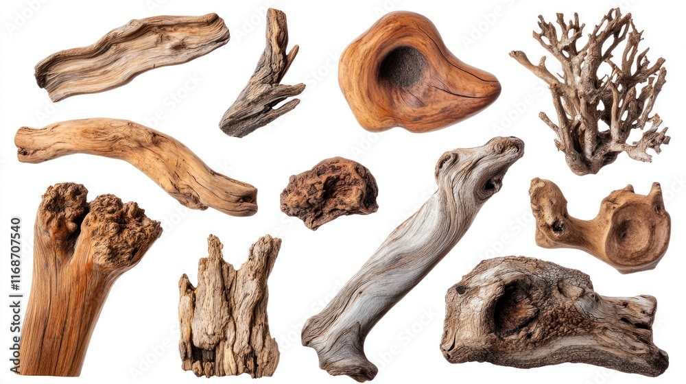 Fototapeta premium A collection of various pieces of driftwood and natural wood forms for decorative use.