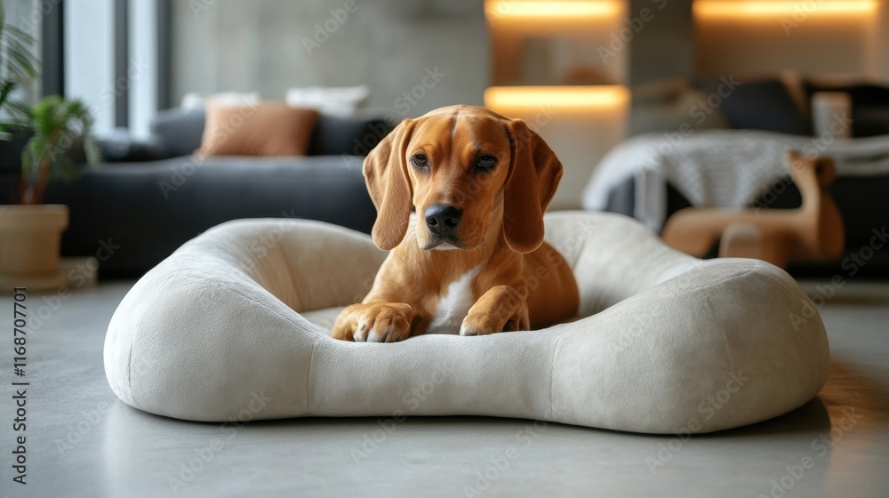 Cozy beagle relaxes in a soft dog bed while surrounded by a modern living room setting Cozy beagle relaxes in a soft dog bed while surrounded by a modern living room setting