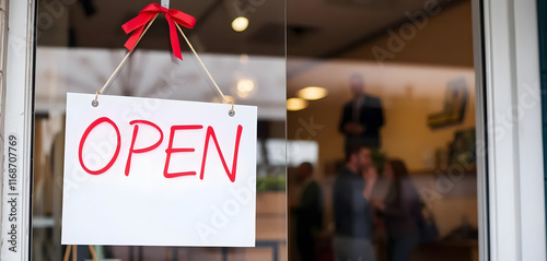 White Open Sign Hanging at Shop Entrance with Blurred Customers Inside Created with Generative AI