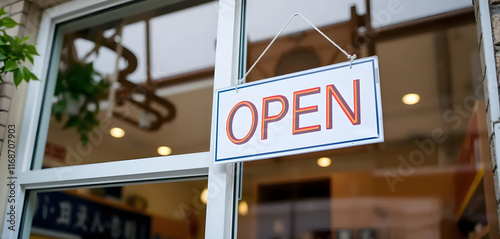 White Open Sign Hanging at Shop Entrance with Blurred Customers Inside Created with Generative AI