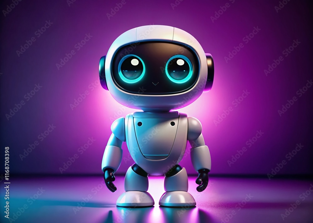 Cute White Robot on Purple Background - Surreal Octane Render Stock Photo Cute White Robot on Purple Background - Surreal Octane Render Stock Photo