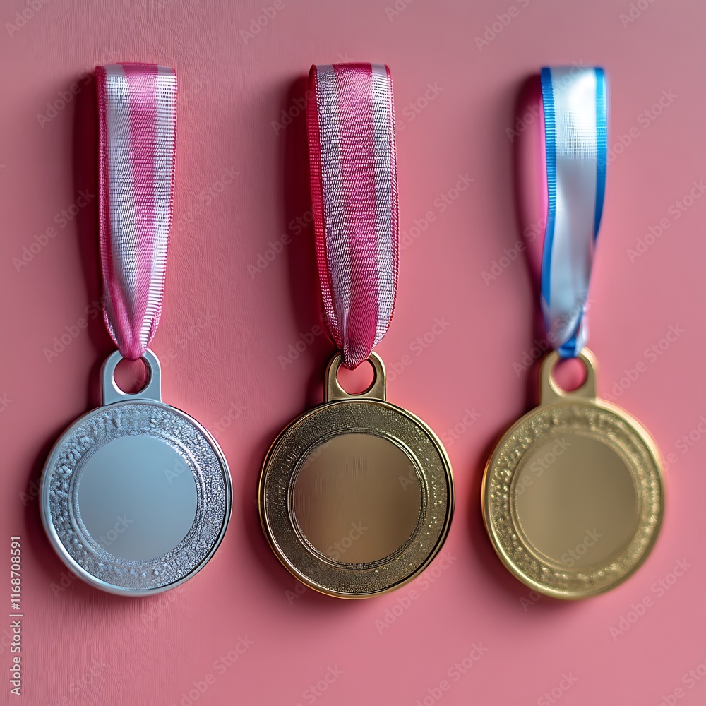 Three Medals Displayed Against A Pink Background