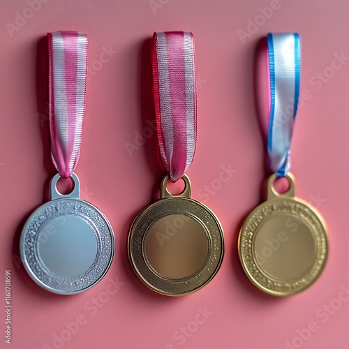 Obraz na płótnie Three Medals Displayed Against A Pink Background w salonie