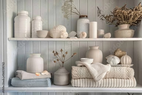 Minimalist white shelf with decorative items for a peaceful, serene environment