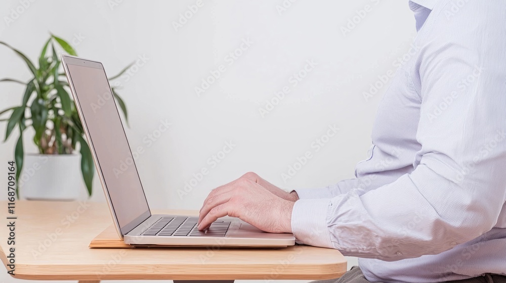 Ergonomic Office Setup - Man Easing Hand Strain with Angled Laptop Platform Between Typing Sessions Ergonomic Office Setup - Man Easing Hand Strain with Angled Laptop Platform Between Typing Sessions