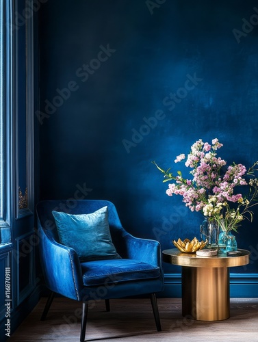 Blue Velvet Armchair Corner Arrangement With Flowers