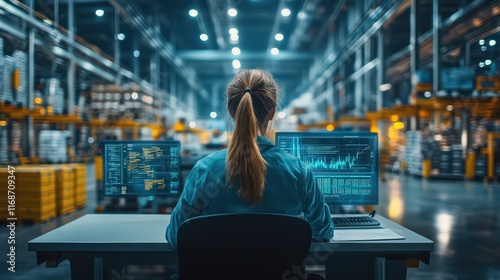 A professional female logistics coordinator tracking shipments using AI-powered software, seated at a desk in a bustling industrial warehouse
