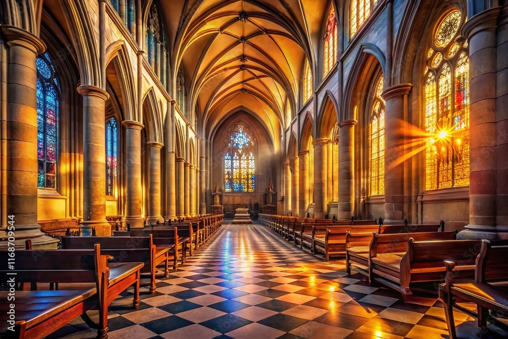 Fototapeta premium Dark Cathedral Interior: Dramatic Architectural Photography of somber Easter celebration