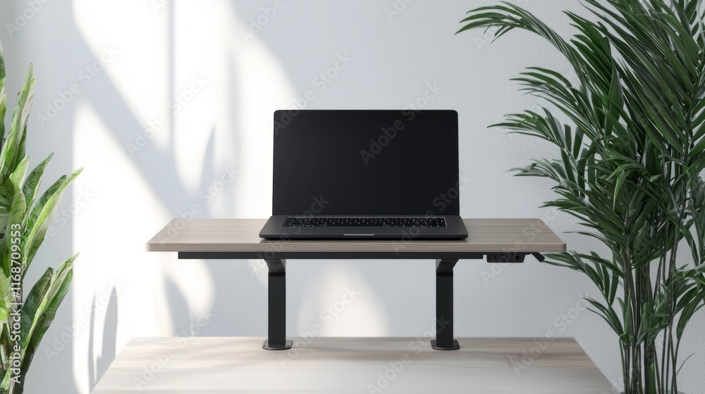 Fototapeta premium Transformative Workstation: Foldable Standing Desk Converter with Laptop on Wooden Table - Cinematic, Ultra-Detailed Ergonomic Concept Image