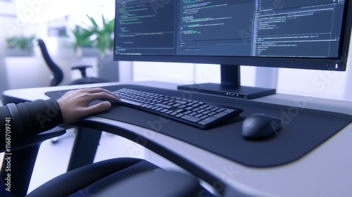 Ultimate Ergonomic Desk Setup with Raised Monitor Stand and Comfortable Keyboard Position Cinematic Image photo