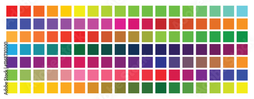 Colorful trendy color palette. Collection palette of color swatches for web design. Color palette guide. RGB color model red, green and blue square. Set of colorful trendy color palettes flat template