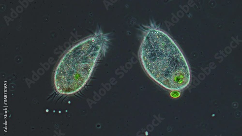 Two paramecium interacting with each other, enlarged protozoa under a microscope.