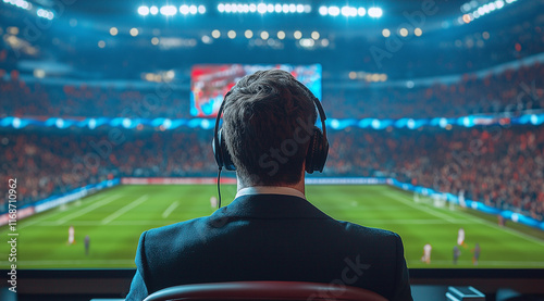 Sport commentator having online broadcast of football match isolated over sport stadium background.