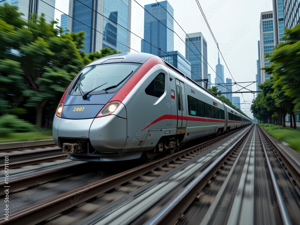 Naklejka premium High speed Train Traveling Through Modern Cityscape Rapid Transit Urban Rail Journey