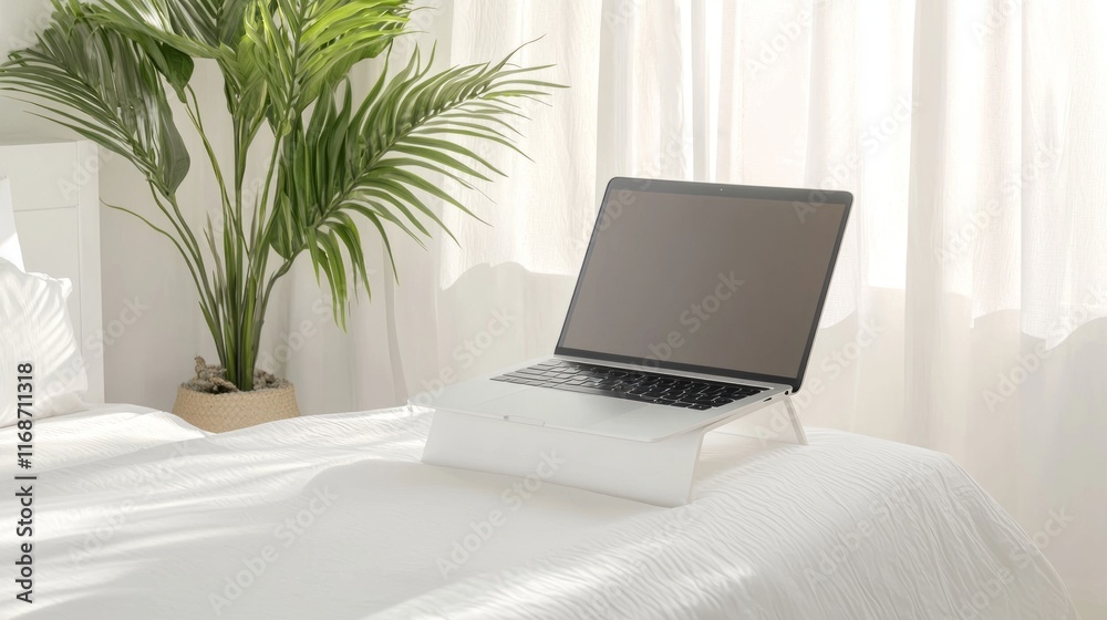 Fototapeta premium Modern Laptop Riser Enhancing Ergonomics in Minimalist Bedroom Workspace.