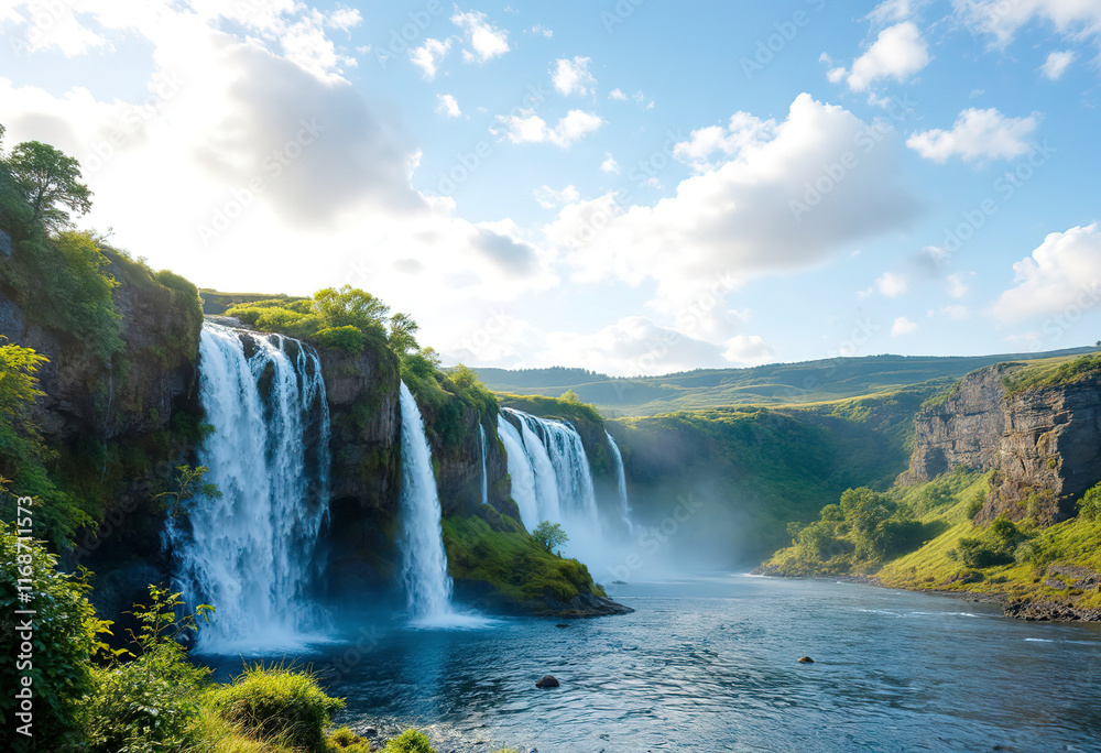 Fototapeta premium A breathtaking natural landscape of a cascading waterfall flowing down a rocky cliff, surrounded by lush greenery