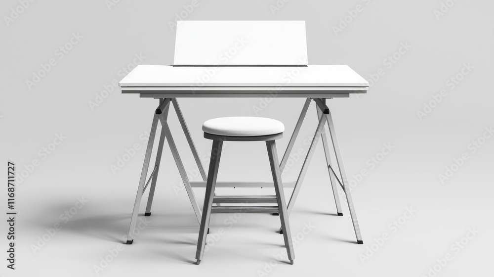 Fototapeta premium Creative Workspace: Ergonomic Drafting Table and Cushioned Stool for Ultra-Detailed Sketching
