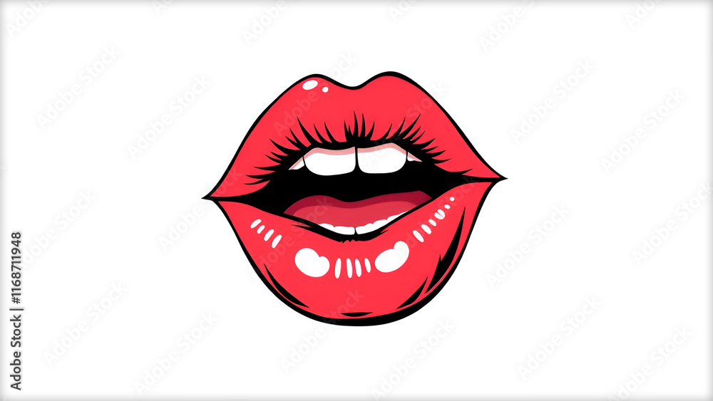 Glossy pink cartoon lips slightly open, revealing teeth and tongue, set against a white background. The bold pop art style emphasizes playful expression and modern illustration. Glossy pink cartoon lips slightly open, revealing teeth and tongue, set against a white background. The bold pop art style emphasizes playful expression and modern illustration.