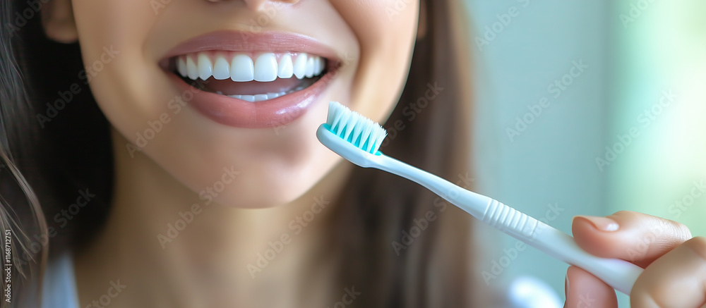 Woman holding a toothbrush near white healthy teeth as concept of dental hygiene Woman holding a toothbrush near white healthy teeth as concept of dental hygiene