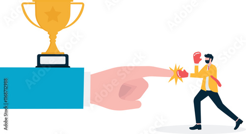 Business man bring ladder to cross big hand. Metaphor of business barrier. Business flat vector concept illustration.
