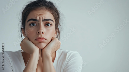 Young woman with a worried expression rests her chin on her hands, looking directly at the camera. 