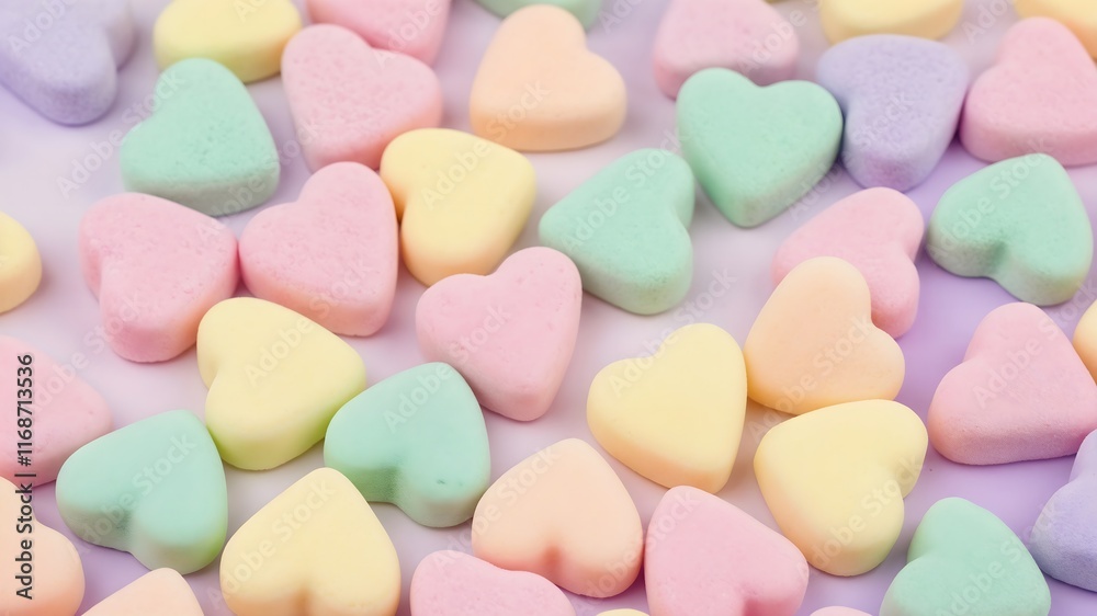 Close-up of colorful pastel heart shapes with soft textures - arranged randomly, creating a dreamy and romantic scene with shades of pink, blue, purple and yellow Close-up of colorful pastel heart shapes with soft textures - arranged randomly, creating a dreamy and romantic scene with shades of pink, blue, purple and yellow