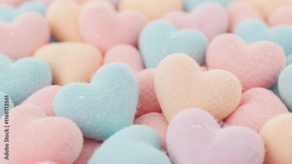 Fototapeta premium Fluffy pastel-colored hearts in shades of pink, blue and yellow on a clean background, representing love - happiness and a soft romantic atmosphere