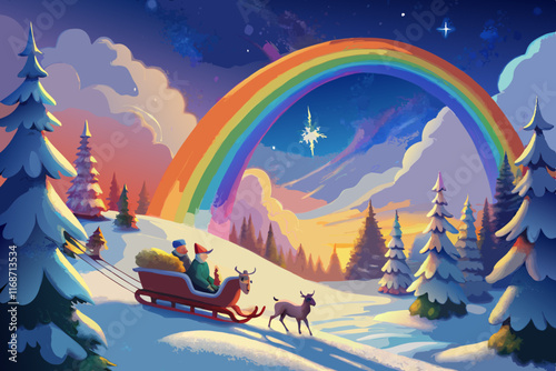 A winter wonderland landscape with a Christmas tree, sparkling snow, and a crescent moon illuminating the night sky