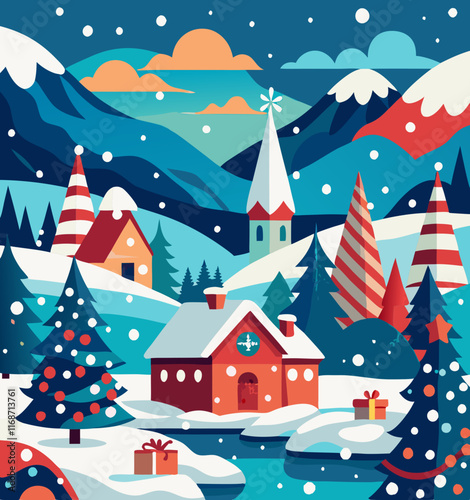 Winter village at night with snow-covered houses and trees in a festive holiday scene