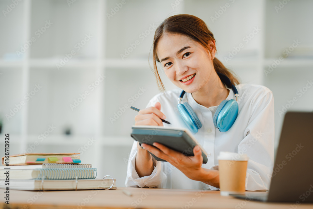 Beautiful Asian female student with a cheerful smile Wearing headphones, studying online and taking notes at the library. Female accountant makes annual financial and tax reports. Beautiful Asian female student with a cheerful smile Wearing headphones, studying online and taking notes at the library. Female accountant makes annual financial and tax reports.