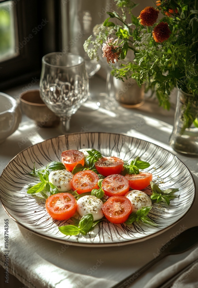 Fresh tomato salad served on a decorative plate near a window with natural light Fresh tomato salad served on a decorative plate near a window with natural light