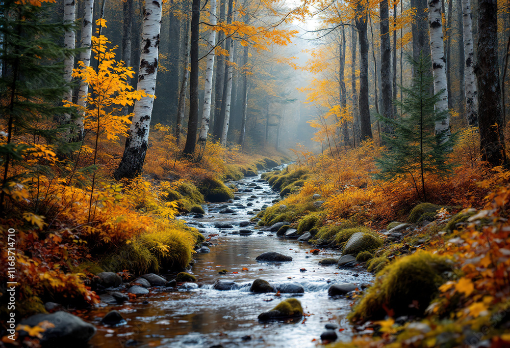 A forest landscape with a small stream running through it, surrounded by birch trees and other evergreen trees in autumn colors A forest landscape with a small stream running through it, surrounded by birch trees and other evergreen trees in autumn colors