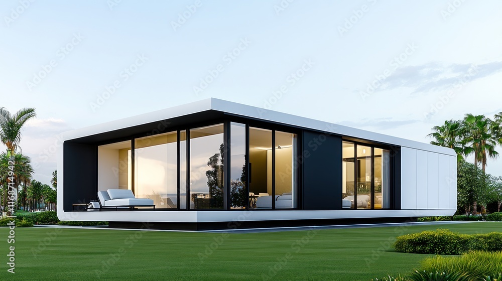 Modern minimalist house with large windows and green surroundings. Modern minimalist house with large windows and green surroundings.