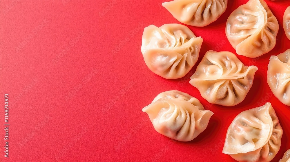 Abstract composition of dumplings in red and gold gradient light, minimalist festive background, symbolizing Chinese cultural elegance