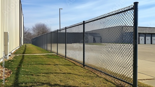 Black chain link fence secures the perimeter of a commercial property, providing safety and access control