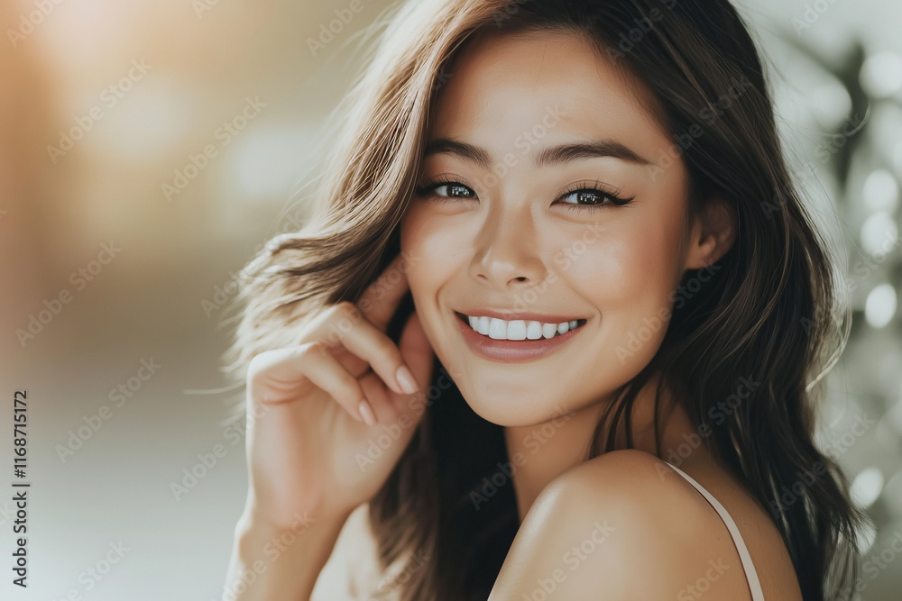 Radiant Beauty Portrait of a Smiling Woman with Natural Elegance and Soft Lighting in a Warm Background Radiant Beauty Portrait of a Smiling Woman with Natural Elegance and Soft Lighting in a Warm Background