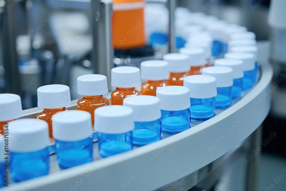 Modern packaging line for small bottles in factory