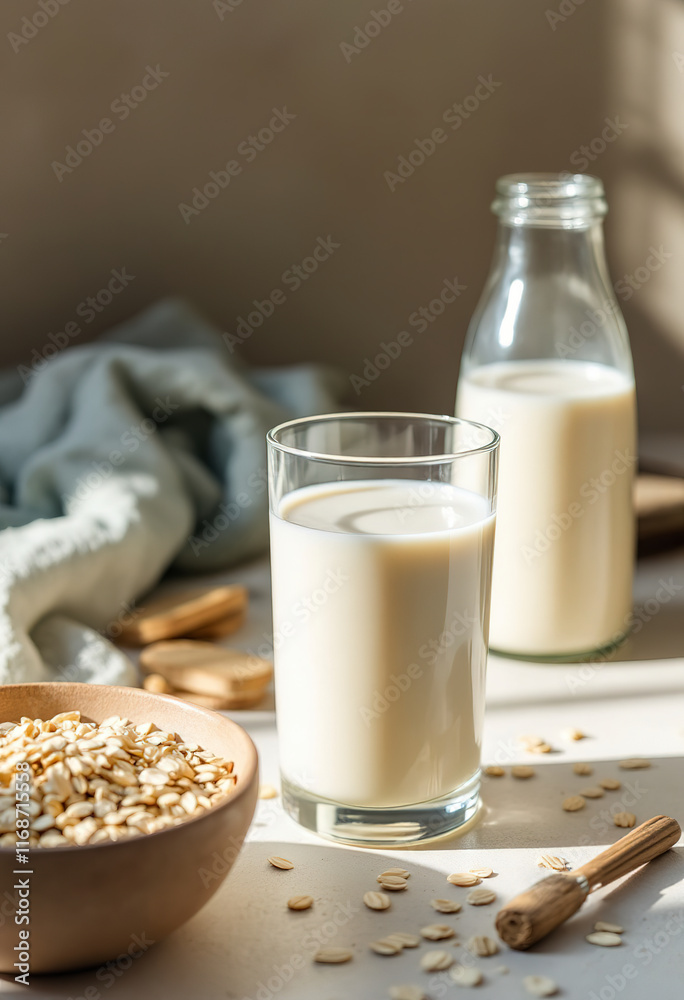 A glass of oat milk with a bottle of oat milk in the background, along with a bowl of oats on a light colored surface A glass of oat milk with a bottle of oat milk in the background, along with a bowl of oats on a light colored surface