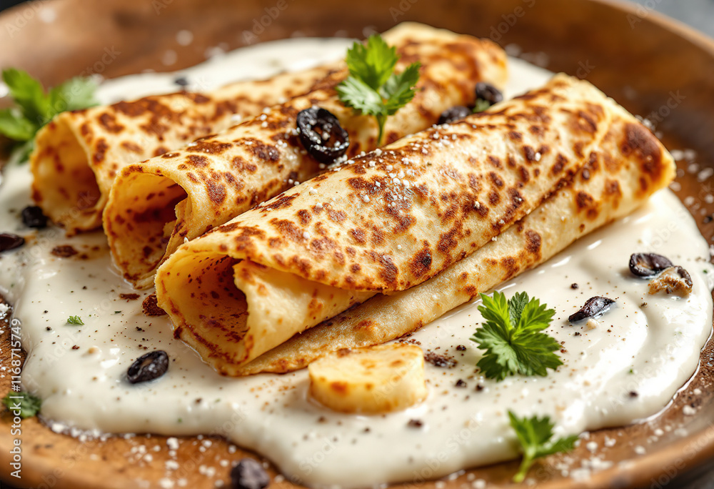 A gourmet dish of two rolled thin pancakes on a white sauce A gourmet dish of two rolled thin pancakes on a white sauce