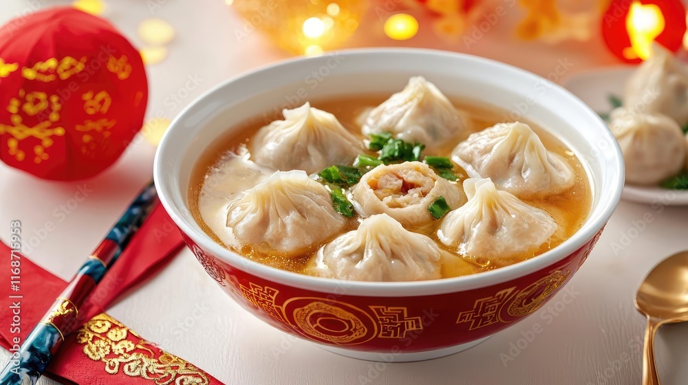 Traditional dumplings in rich golden broth, red and gold table setting, showcasing Chinese New Year s culinary prosperity Traditional dumplings in rich golden broth, red and gold table setting, showcasing Chinese New Year s culinary prosperity