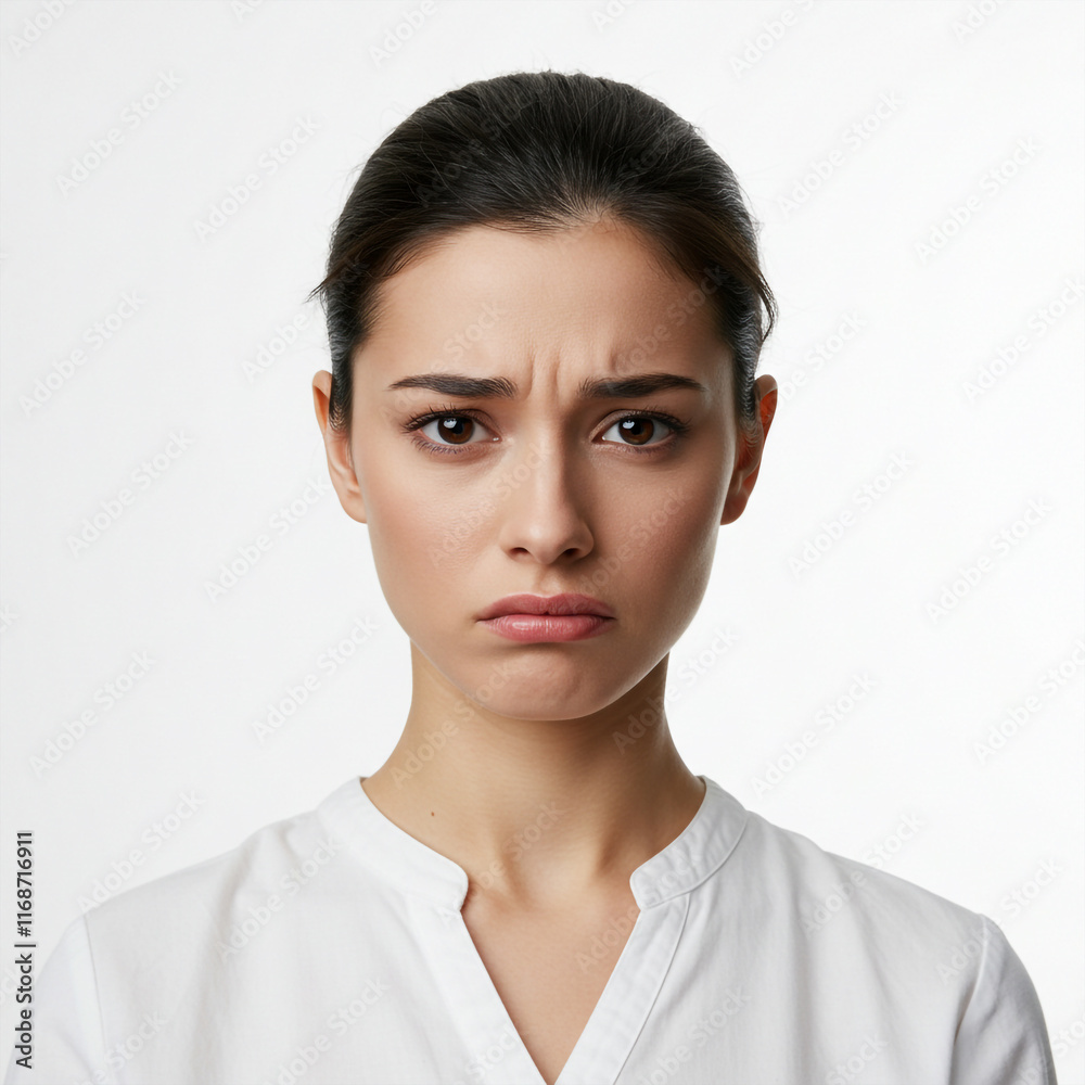 A woman with a furrowed brow and worried eyes, her face softly lit against a white backdrop