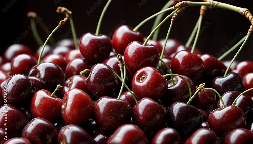 A cluster of ripe cherries with glossy skins sits on a dark wooden surface, highlighting their deep red hues and healthy stems. The arrangement emphasizes their freshness A cluster of ripe cherries with glossy skins sits on a dark wooden surface, highlighting their deep red hues and healthy stems. The arrangement emphasizes their freshness