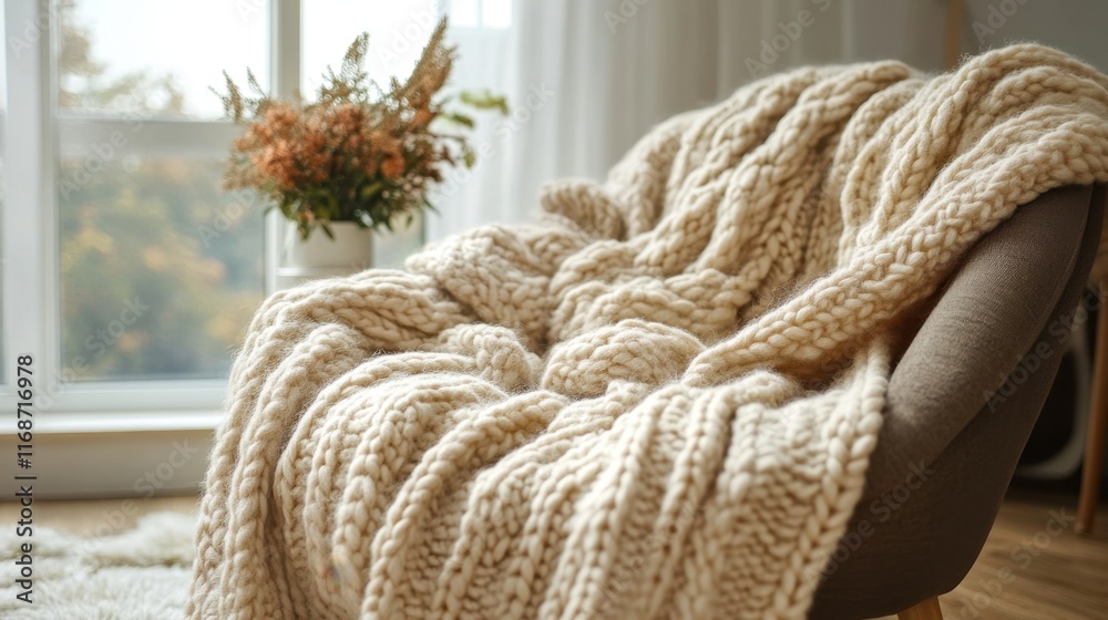 Cozy living space with a chunky knitted blanket draped over a modern chair in a sunlit room Cozy living space with a chunky knitted blanket draped over a modern chair in a sunlit room