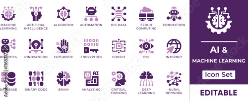 AI, Machine Learning Icon Set. Featuring editable icons for artificial intelligence, machine learning, data science, and more. Perfect for tech companies, AI researchers, and anyone interested in AI.